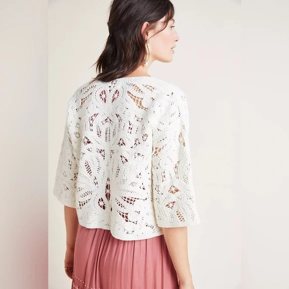 Anthropologie Open Front Crochet Lace Kimono Cropped Cardigan Jacket small - Picture 5 of 16